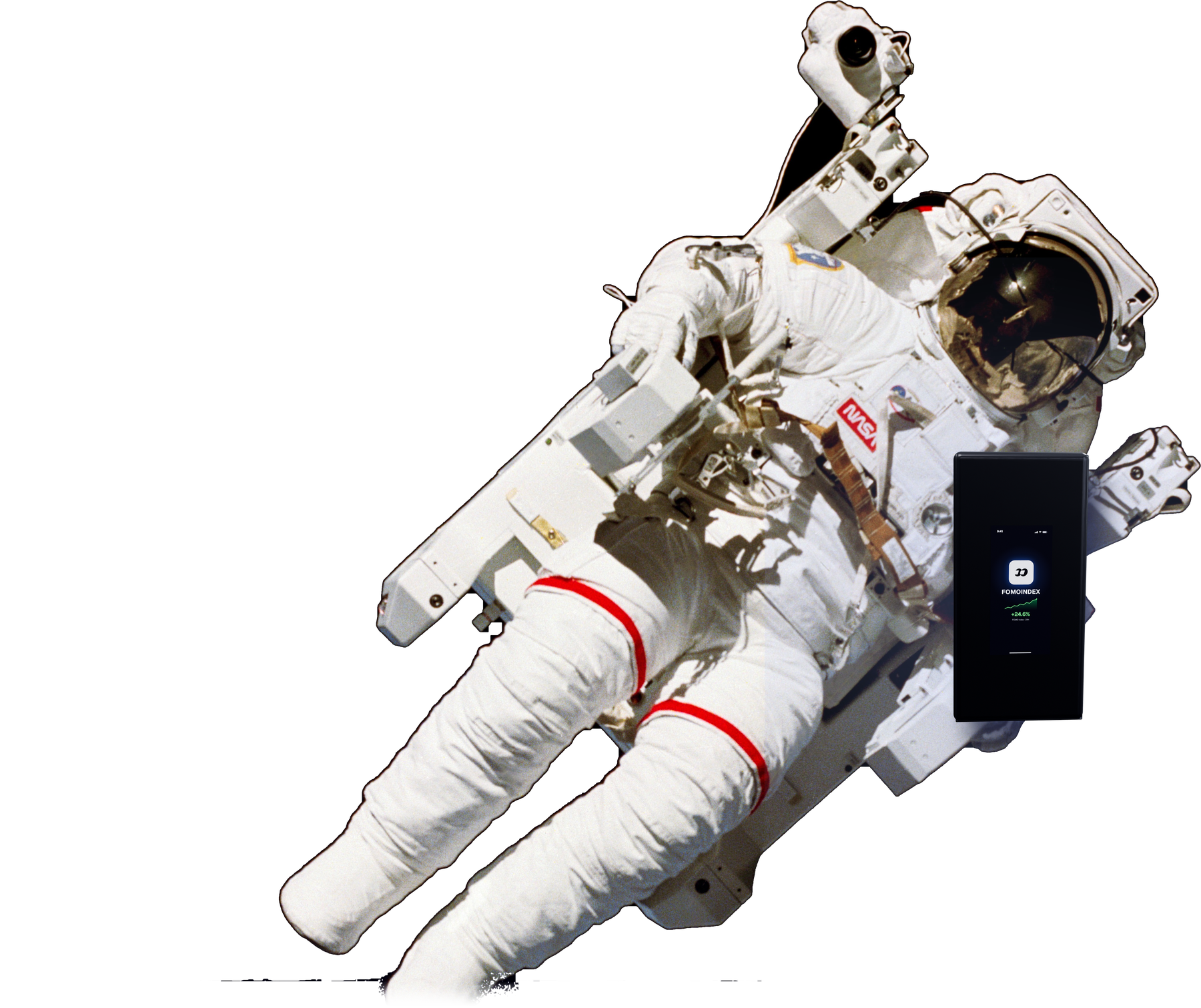 An astronaut floating in space holding a phone with the FOMOINDEX app